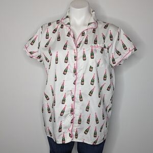 Toss Designs White Pink Green Champagne Bottle Button Down Pajama Top L